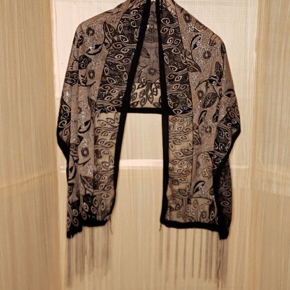 Unbranded Womens Black Tan Semi Sheer Fringe Scarf OS - Picture 1 of 2